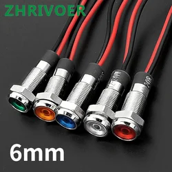 1 sztuk 6mm 3V 5V 6V 12V 24V 220v płaskiej głowicy metalowy wskaźnik LED światła wodoodporna lampka sygnalizacyjna z drutu czerwony żółty niebieski zielony biały