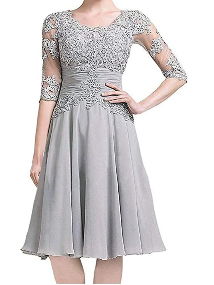 Braut mutter kleid grün silber rundhals langarm chiffon hochzeit kleid spitze formale abendkleid