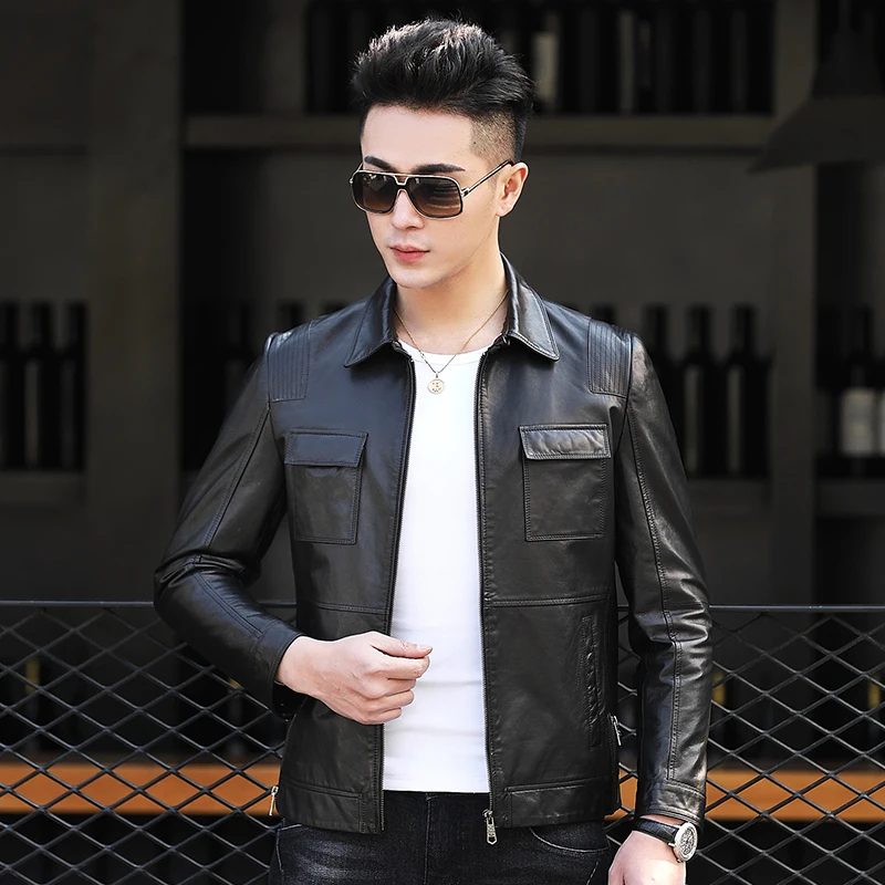 

First Layer Goat Skin Genuine Leather Clothes Mens Slim Fit Handsome Trendy Biker Jacket Coat