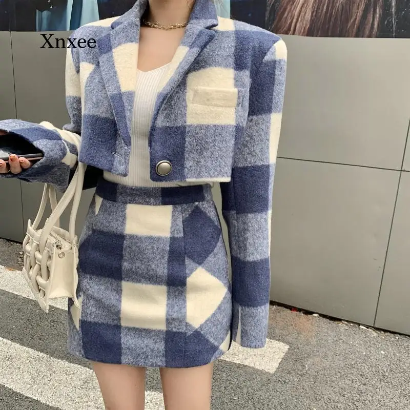 Spring and Autumn Ladies Plaid Woolen Skirt Suit Female New Temperament Hong Kong Style Retro Chic Two-Piece Skirt