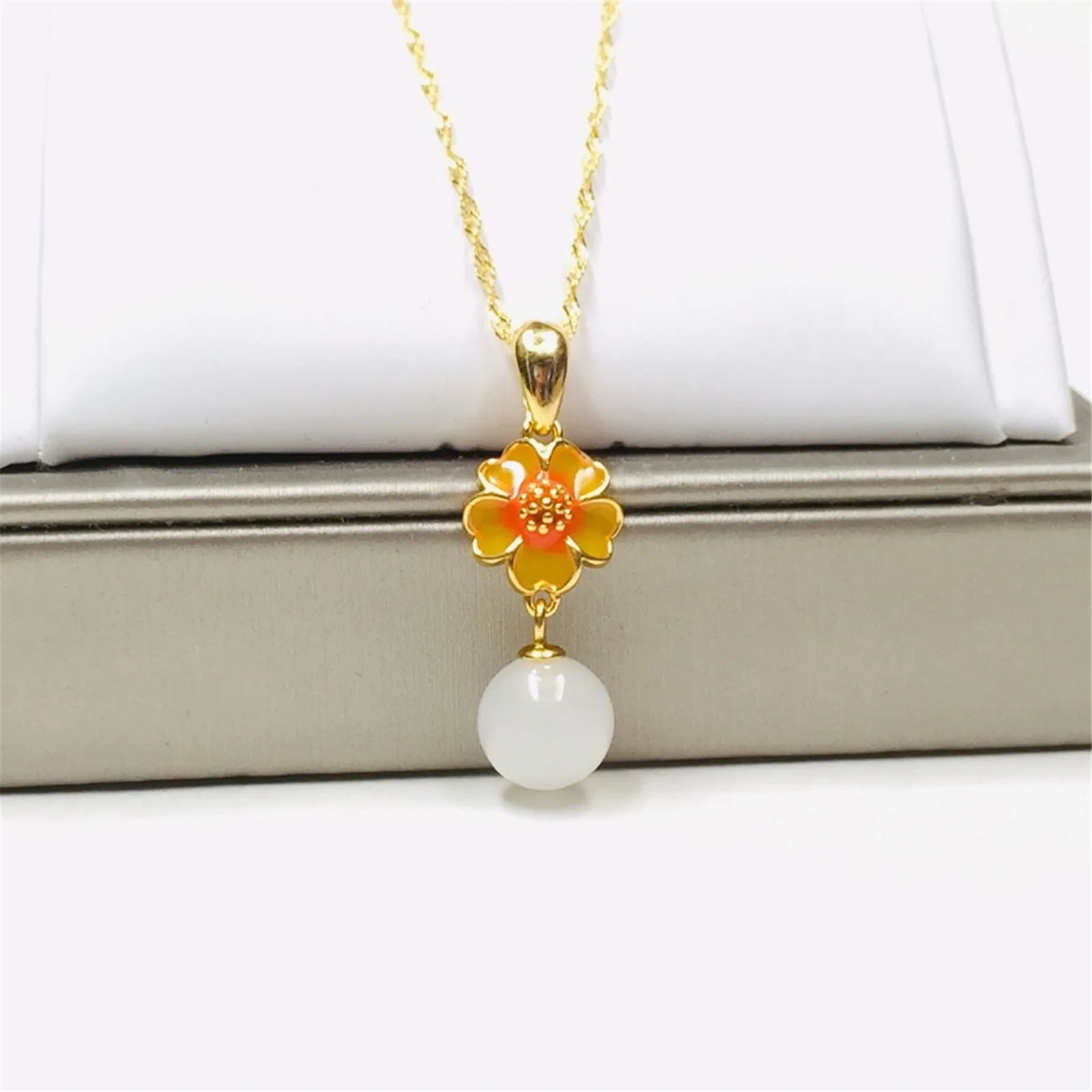 

Classic White Jade Pendant Round Hetian Nephrite with Flower Shape Enamel for Women Teens Gift Sterling 925 Silver