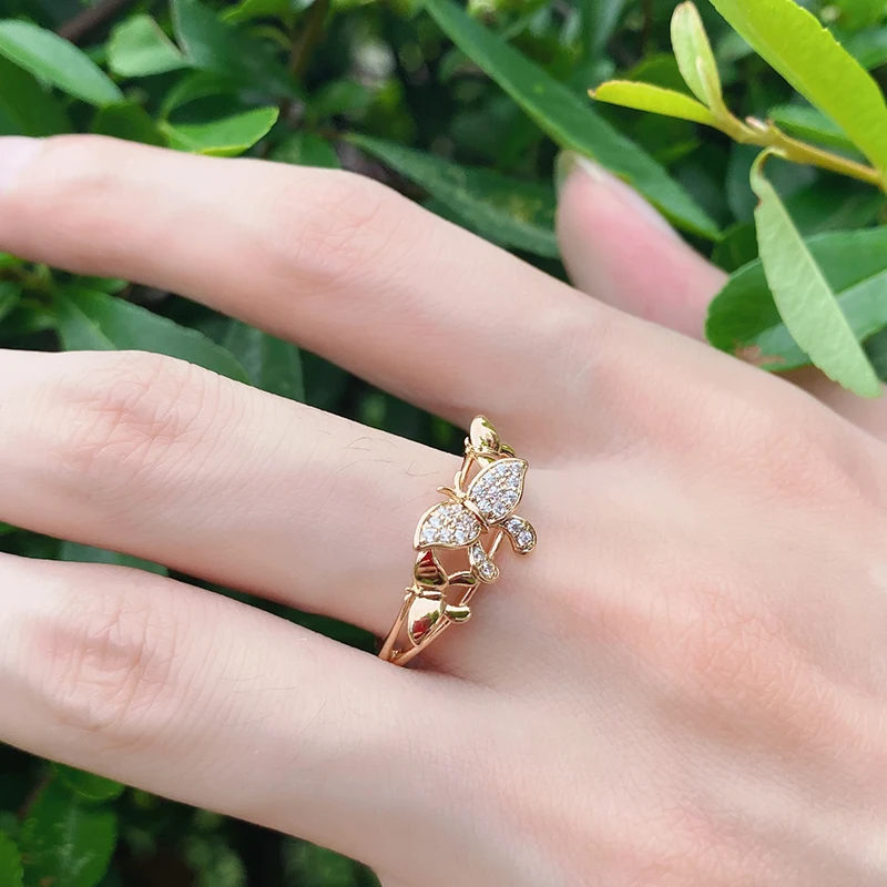 Kinel Hot 585 Rose Gold Color Butterfly Rings for Women Micro Wax Inlay Natural Zircon Ring Fashion Daily Fine Jewelry 2022 New