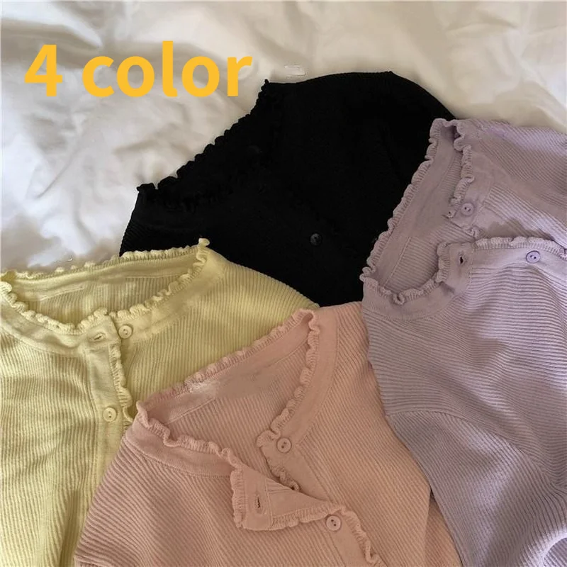 Cardigans Women Solid Trendy Retro Ruffles Lovely Sweet Princess Chic Streetwear Gentle Casual Knitted Crop Tops Sexy Ulzzang