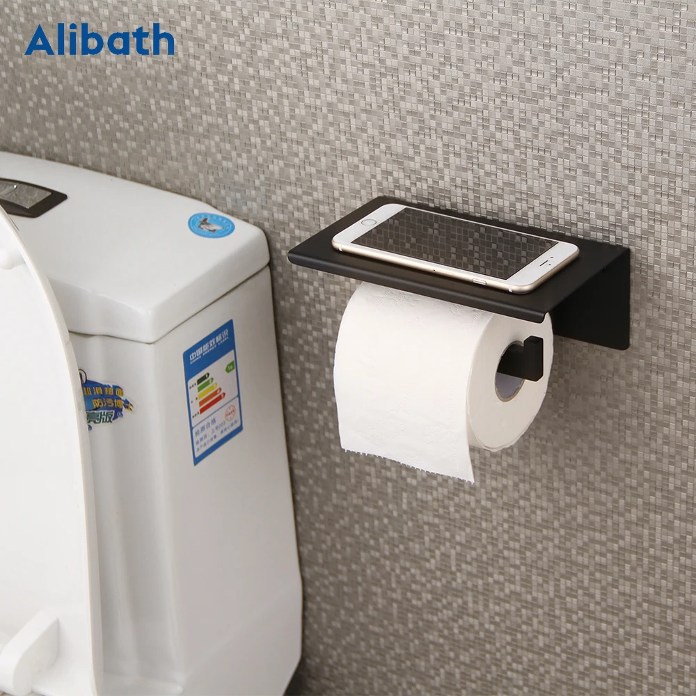 Black Wall Mounted Toilet Paper Holder Tissue Paper Holder Toilet Roll Dispenser Phone Storage Shelf for Bathroom Accessories.