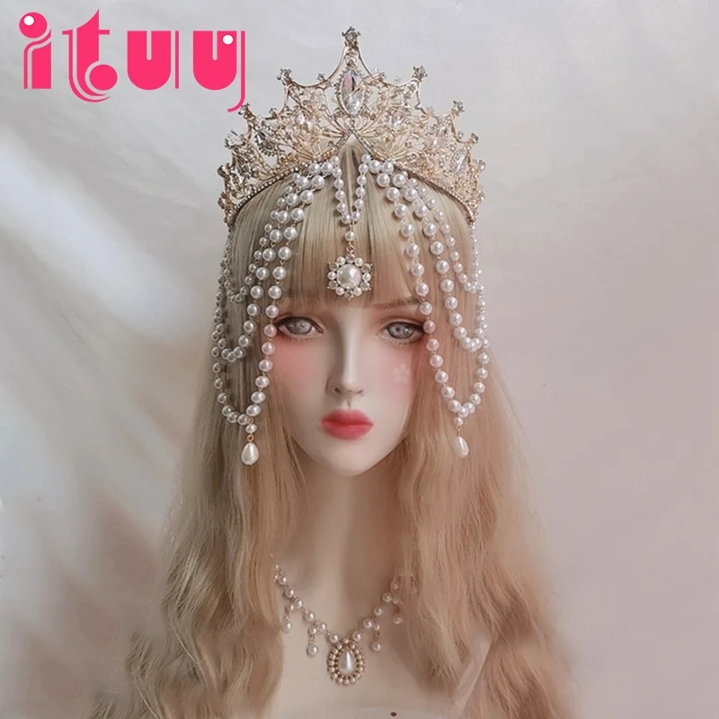 Handmade Lolita Multilayer Pearl Tassels Crown Sun Goddess Virgin Mary Hair Accessory Gorgeous Wedding Princess Bride Headdress