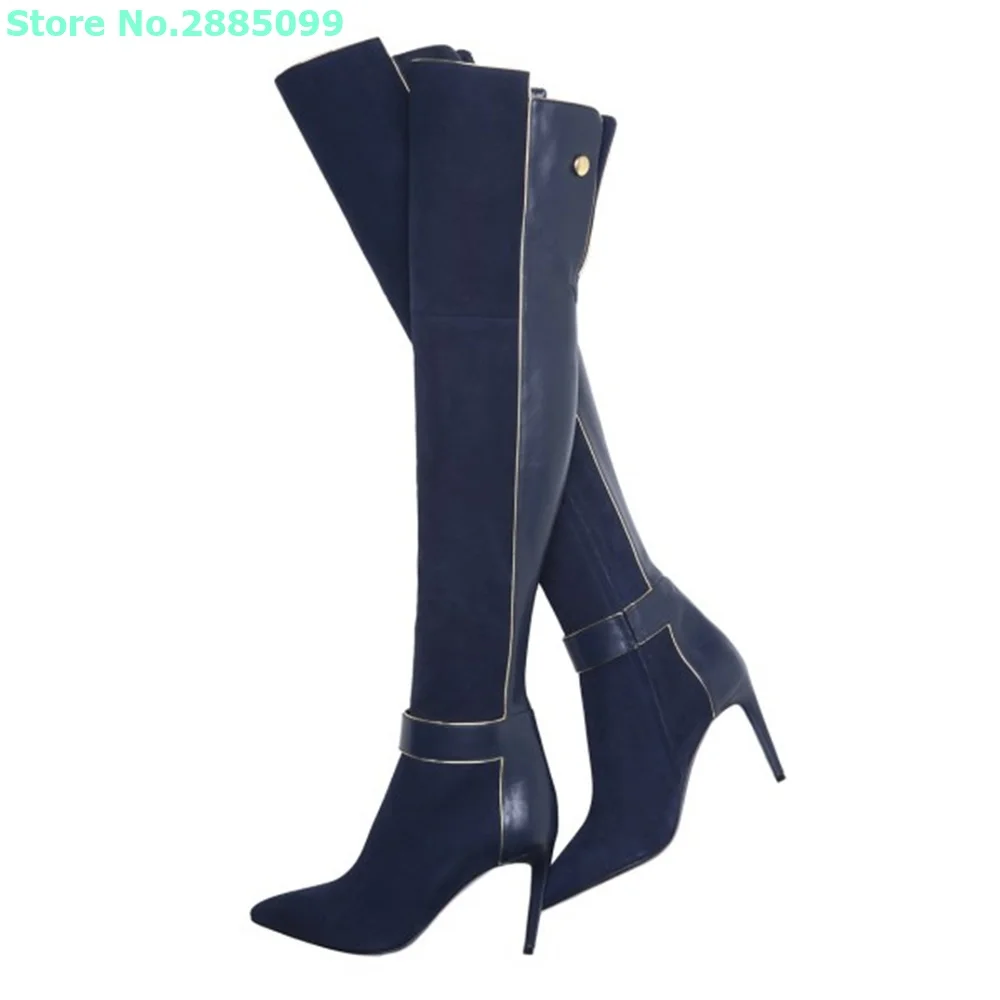 Navy Pointed Toe Thigh High Boots Patchwork Stiletto Heel Knee High Side Zipper Women Party Daliy Boots Shoes Autume Winter