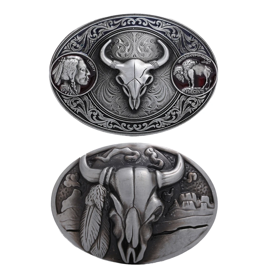 Western Belt Buckle Replacement - Engraved Bull Head - Oval Cowboy Belt Buckle