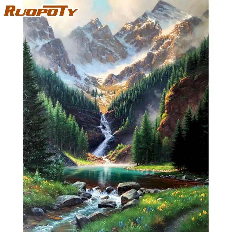 RUOPOTY 40x50cm Painting By Numbers Kits For Adults Beginner Snow Mountain Landscape Picture By Number Framed Home Decor