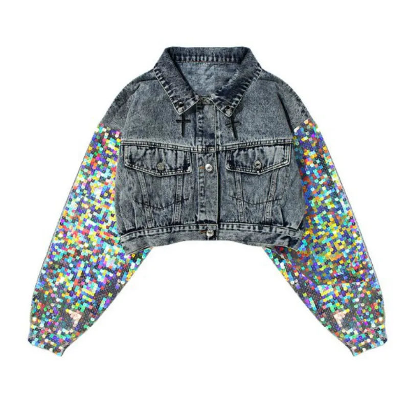 

Chic Bomber Sequins Denim Jacket Cowboy Coat Lapel Lantern sleeved Mixed Color Sequined Dance Stage Cardigan High waist Tops
