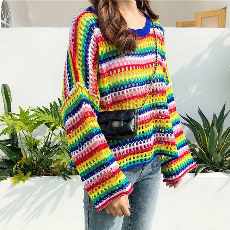 Sweaters Women Chic Rainbow Striped Ulzzang Lovely Trendy Ladies Knitwear Ins Preppy Hollow Out Design Harajuku Friends Sweater