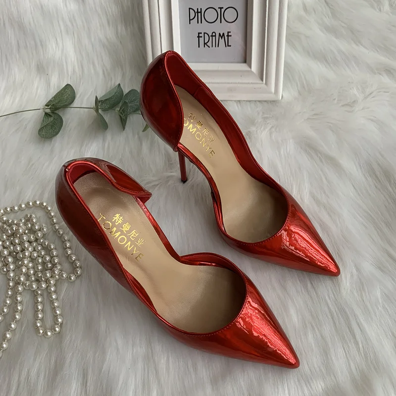 TOMONYE electro optic red patent pointed toe open inside night club sexy party evening women and men 12cm strange high heel shoe