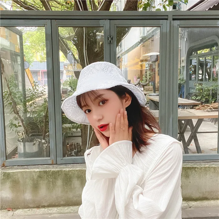 Sun Korean seaside Vintage Elegant Lace Bucket Hat Women Summer Beach Sun Hats Fashion Korean caps Breathable Fisherman cap