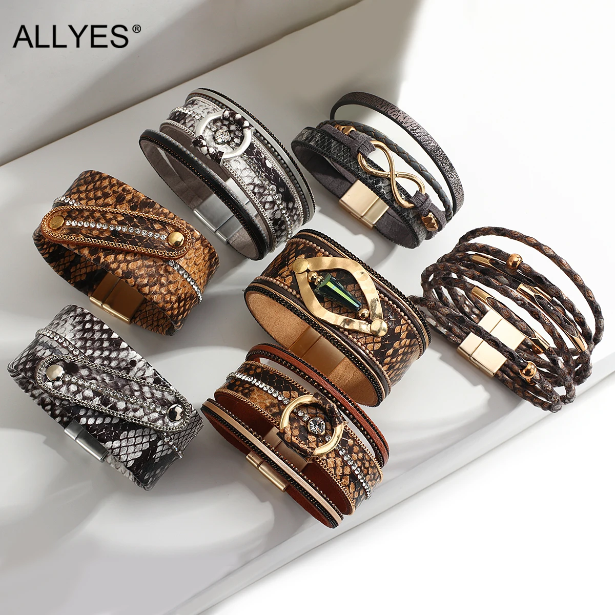 ALLYES Boho Snake Skin bracciali in pelle per donna animali Pattern Wide Wrap bracciale donna Wild Leopard Punk Jewelry Gifts