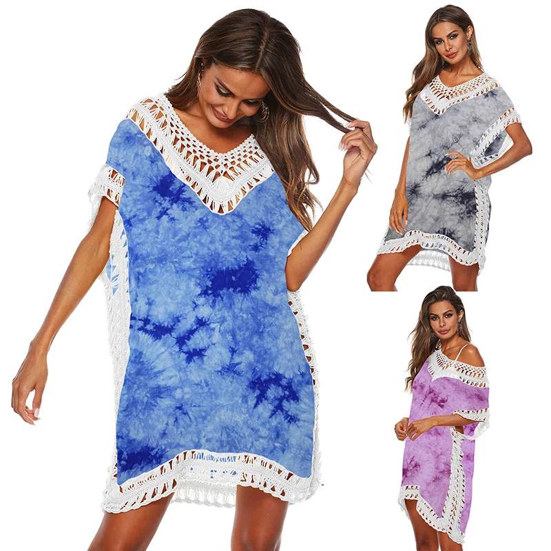 Women Sexy Beach Cover Up New Dyeing Summer Swimsuit Crochet Bikini Cover Up Short Beach Dress Bathing Suit Tunic Swimwear Tops