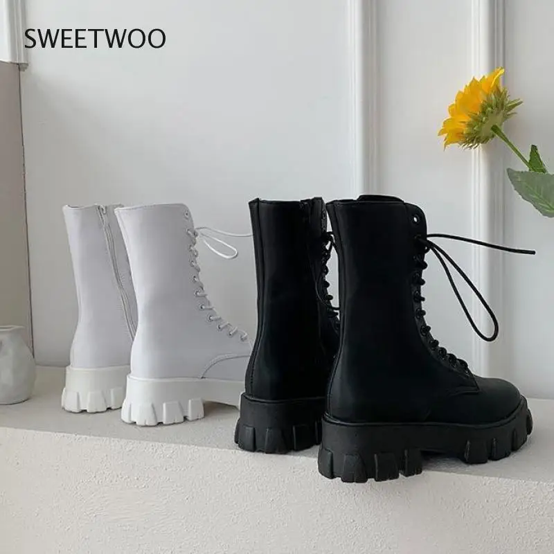 2021 New Mid Calf Boots Women Autumn Winter Fashion Lace-up Zipper Boots Sports Platform Heel Ladies Shoes