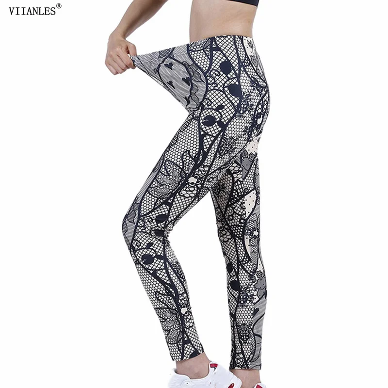 VIIANLES ฤดูร้อนใหม่ผู้หญิง Leggings สีเทารักการพิมพ์กีฬาฟิตเนสสูงเอวกางเกงกางเกงออกกำลังกาย