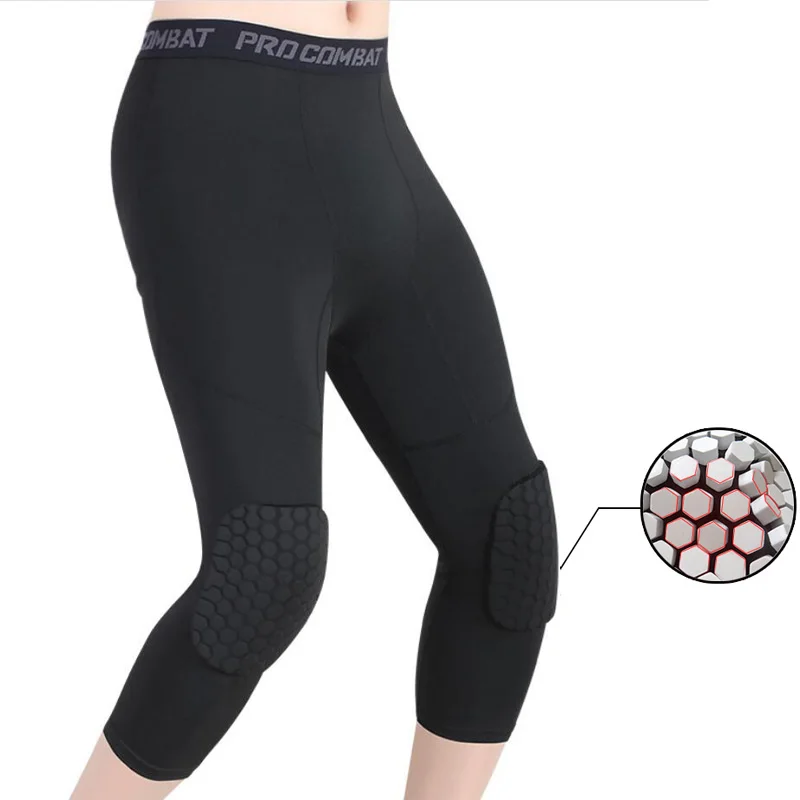 Sports Running Leggings Anti-Collision Basketball Training Knee Protect Pants Gym Fitness Safety Ski Skating Pants 3/4 3XL