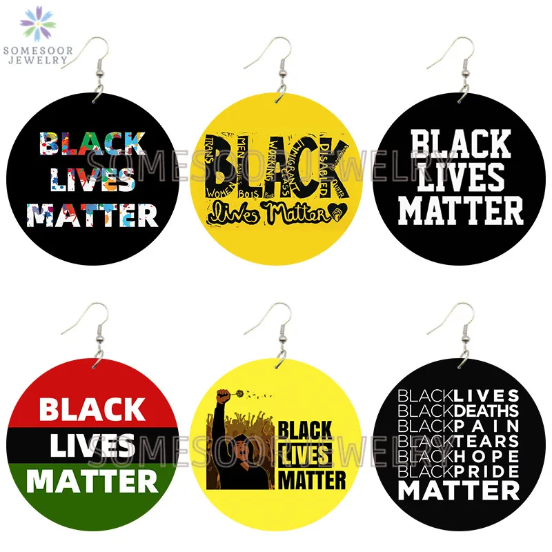 SOMESOOR Black Lives Matter Africa Colors Wooden Drop Earrings Melanin Power Fist Sayings Printed Loops Dangle Jewelry For Women