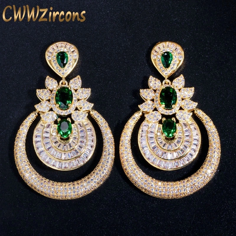 CWWZircons Luxury Dubai Gold Plated Vintage Costume Jewelry Green CZ Long Big Drop Wedding Party Earrings for Women CZ457