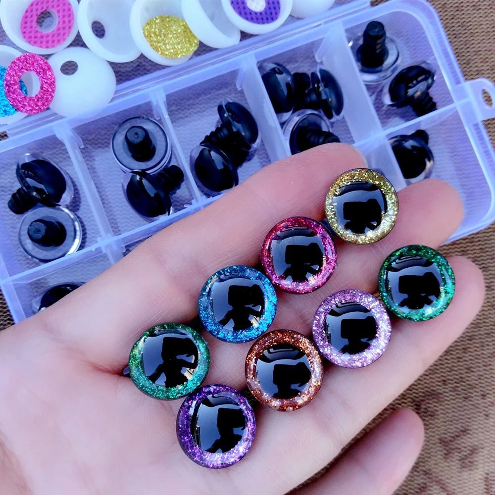 30pcs/Box Clear 3D Glitter Safety Eyes For Toys Puppet Crochet Plastic Safety Toy Eyes Mix Size 9/10/12/14/16mm Amigurumi