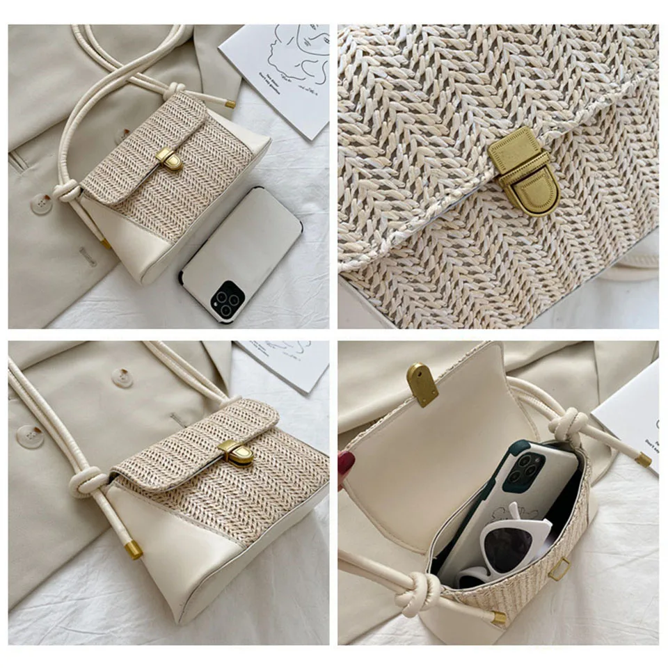 Rattan Bag Straw Bags For Women Summer Woven Ladies Handbag Patchwork Crossbody Shoulder Small Knitting Sac Paille 2021 Flap