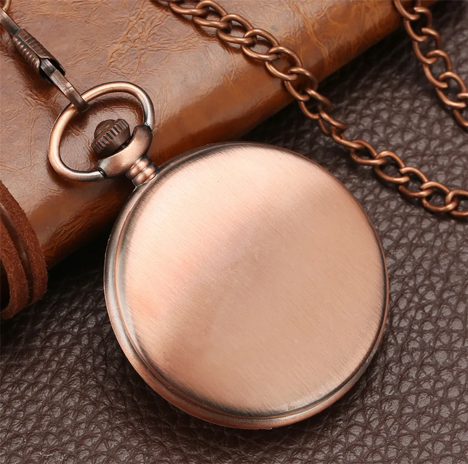 Vintage Red Copper Pocket Watch Double Smooth Hunters Arabic Numerals Display Punk Pocket Chain Pendant Clock Quartz Movement