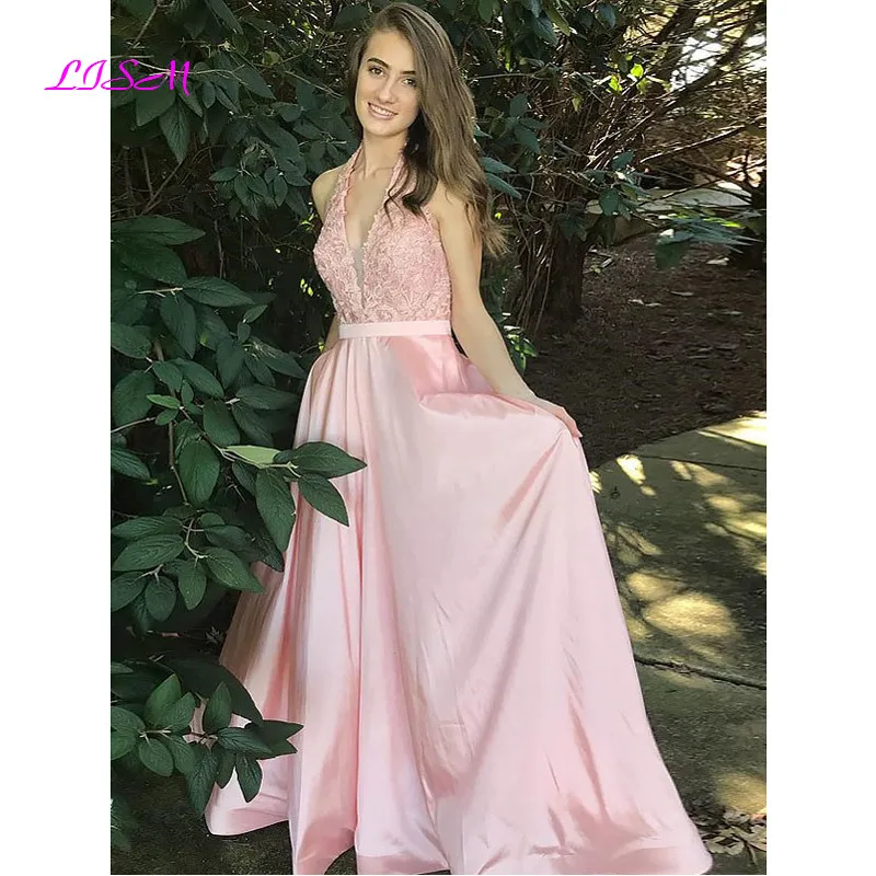 

A-Line V-Neck Sleeveless Floor-Length Lace Prom Dress Halter Long Satin Evening Party Dresses 2021