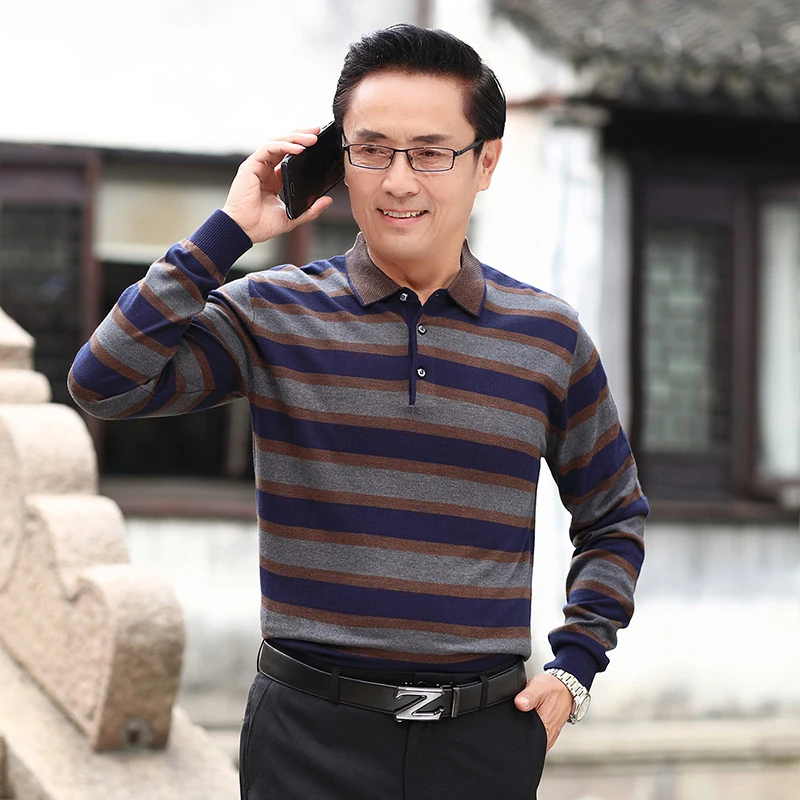 New Arrival Male Patchwork Color Knit Shirt Spring Middle-Aged Father Long Sleeve Striped Jumper Turn-Down Collar