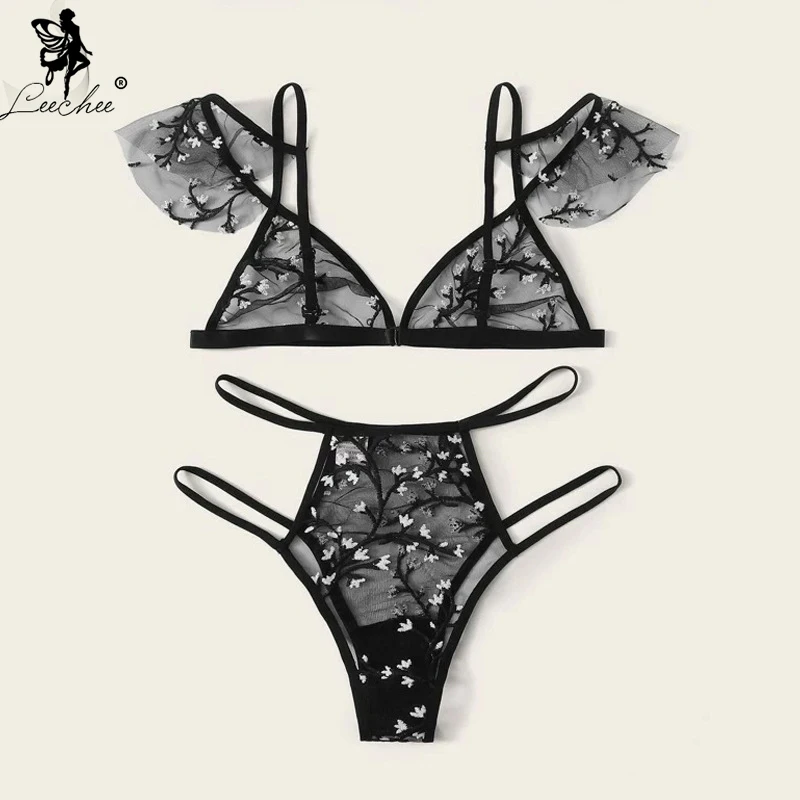 Leechee New Sexy Bra Floral Embroidery Sheer Mesh Lingerie Set Push Up Bralette+Hollow Out Thong Women Sexy Intimates Underwear