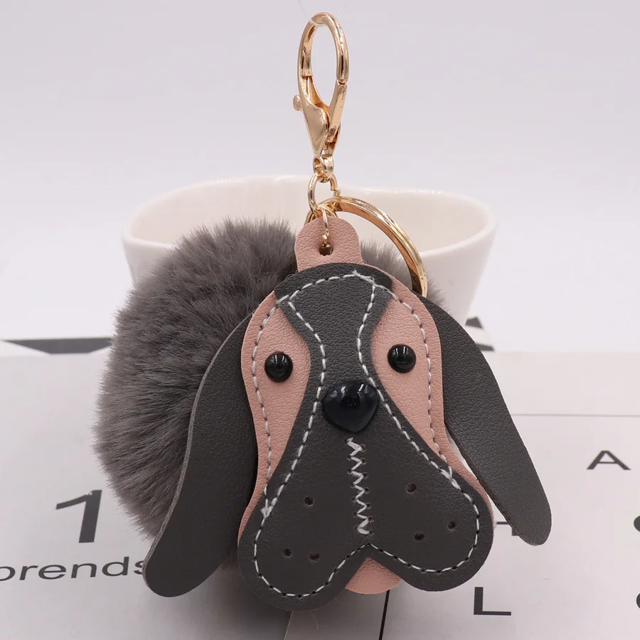 New fashion sweet Hot cute leather animal dog Fake Rabbit Fur Ball Key Chain Pompom Key Chain Key Rings  Girl Women Bag  Jewelry