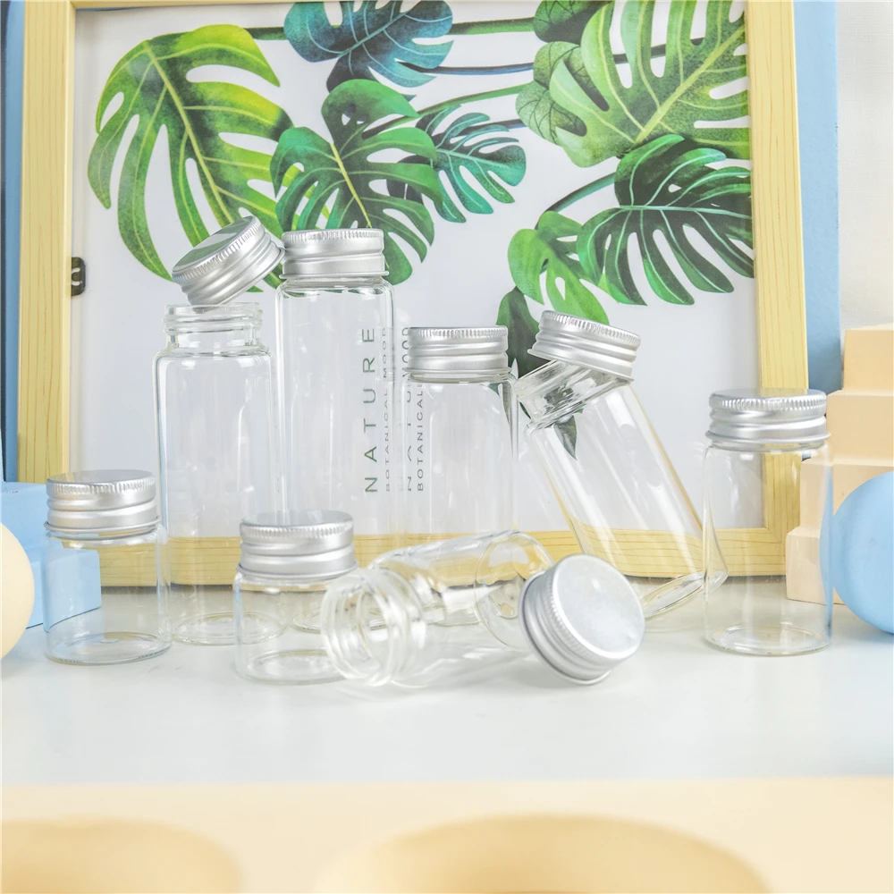 6PC 25ml 30ml 40ml 50ml 60ml 70ml 80ml 90ml Mini Glass Clear Bottle With Silver Screw Aluminum Cap Food Container Jars Vials