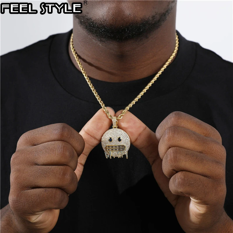 

Hip Hop Iced Out Bling Rapper Cubic Zirconia Smiling Face Baguette Necklaces & Pendants For Men Rapper Jewelry