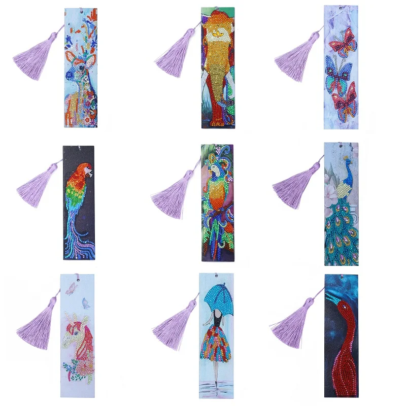 5D Diamond Painting Exquisite Parrot, Flamingo Leather Bookmarks Tassel Bookmarks Craft Decor Special Shaped Diamond Embroidery