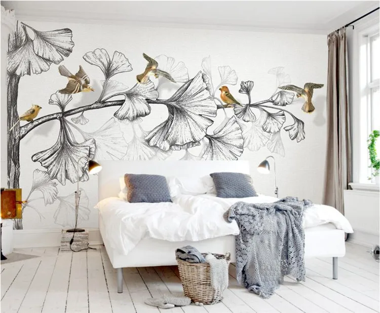 

Custom wall wallpaper living room bedroom murals black and white sketch ginkgo leaves 3d flying birds TV 3d wallpaper