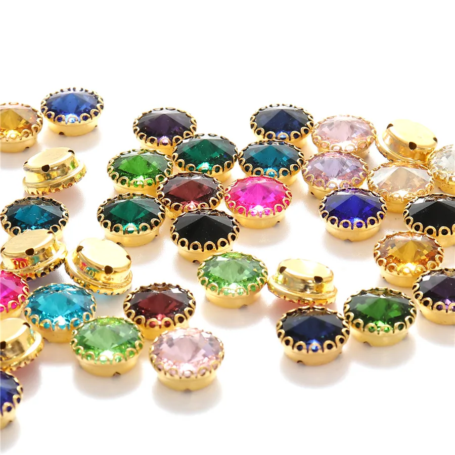 New 6 Sizes Round Shape Glass Sew On Gemstones With Golden Base Crystal Sewing Rhinestones for Clothes Shoes Needlework