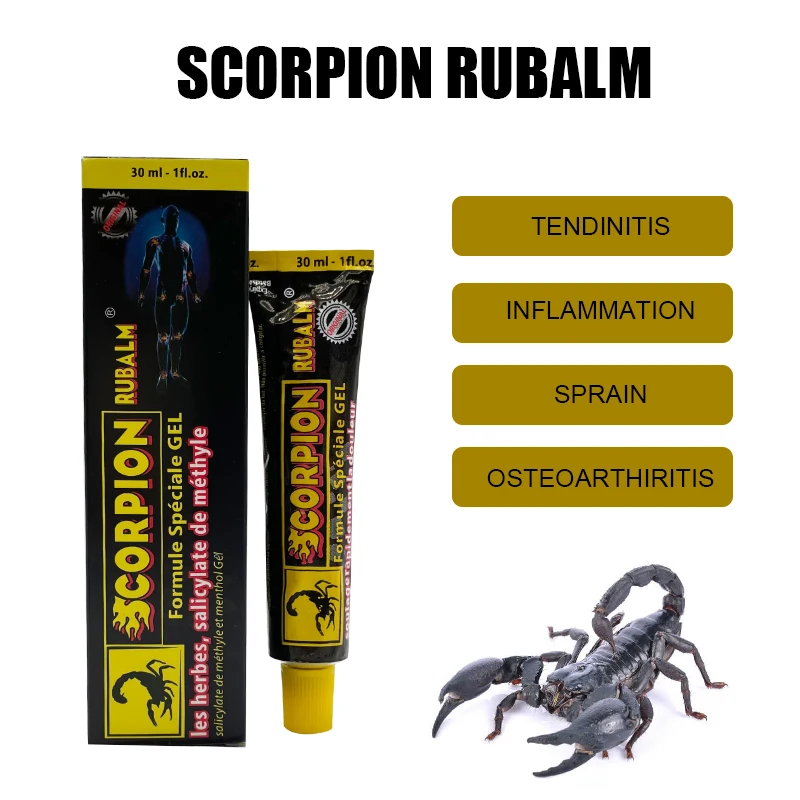 Scorpion rubalm pain relief ointment to relieve shoulder pain, neck pain, headache, back pain, joint pain, bruises and sprains