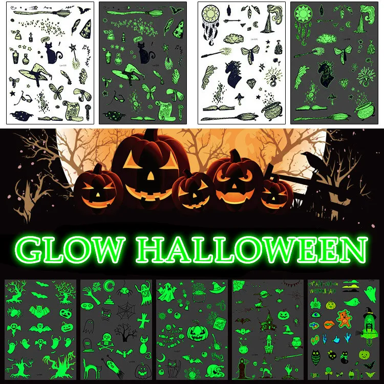 

Big Size 21*15cm Excellent Glow Terror Halloween Luminous Body Tattoo Spider Pumpkin Bird Skull Holloween Tattoo Stickers 500pcs