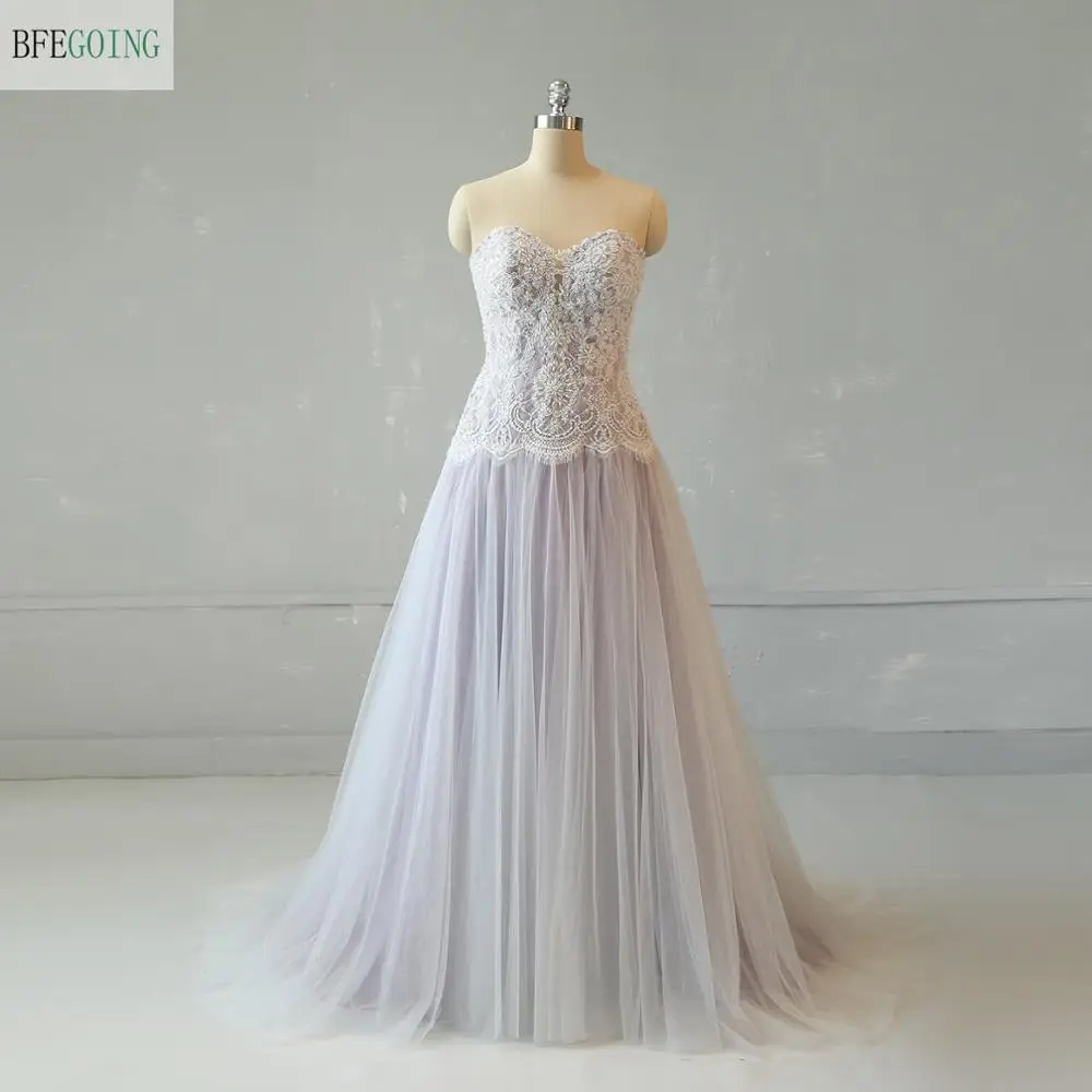 Tulle Lace Beading Sweetheart Strapless Sleeveless ความยาว A-Line ชุดแต่งงานชุดเจ้าสาวชุดกวาด/แปรง