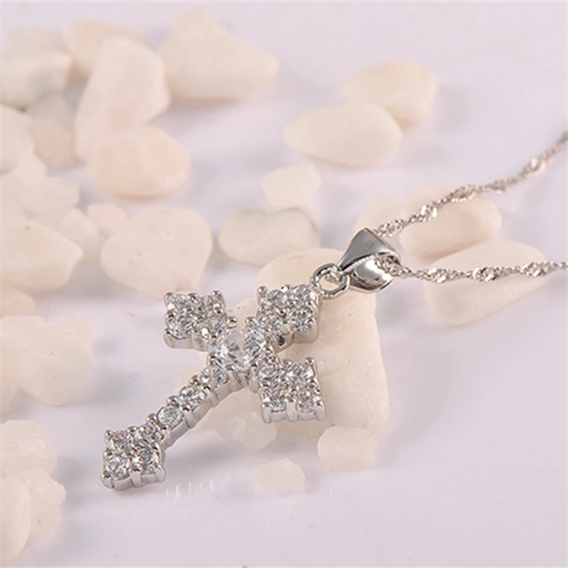 White Gold Plated Zirconia Cross Pendant Charm Necklaces for Women Collar Trendy Jewelry Accessories Gifts