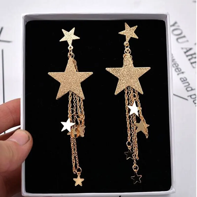 Star Pendants Drop Earrings For Women Gold Color Multi-layers Link Tassel Earrings Korean Fashion Matte Metal Earrings Jewelry