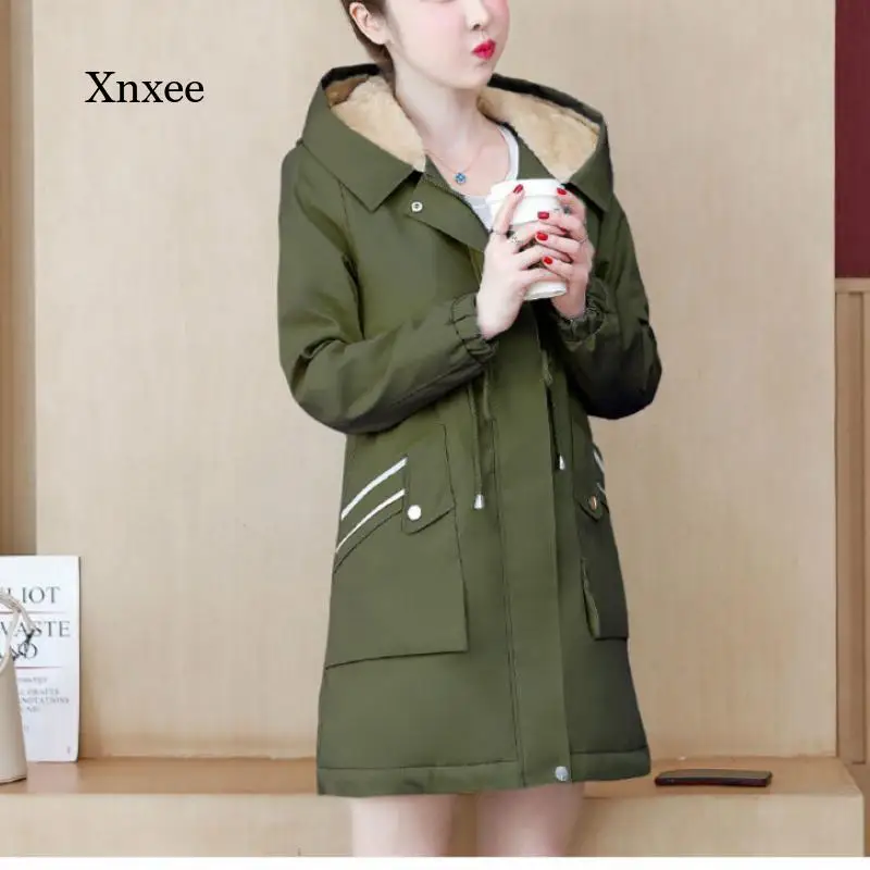 

2021 Winter Jacket Women's Plus Velvet Thick Hooded Solid Color Ladies Windbreaker Women's Long Parka Coat Jacket