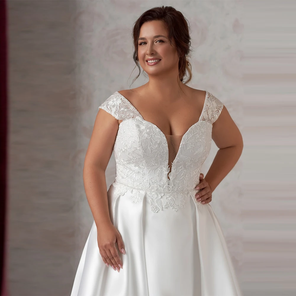 Sexy A Line abito da sposa in raso Cap Sleeve Sweetheart Applique cintura perline Sweep Train Plus Size abito da sposa Robe De Mariee