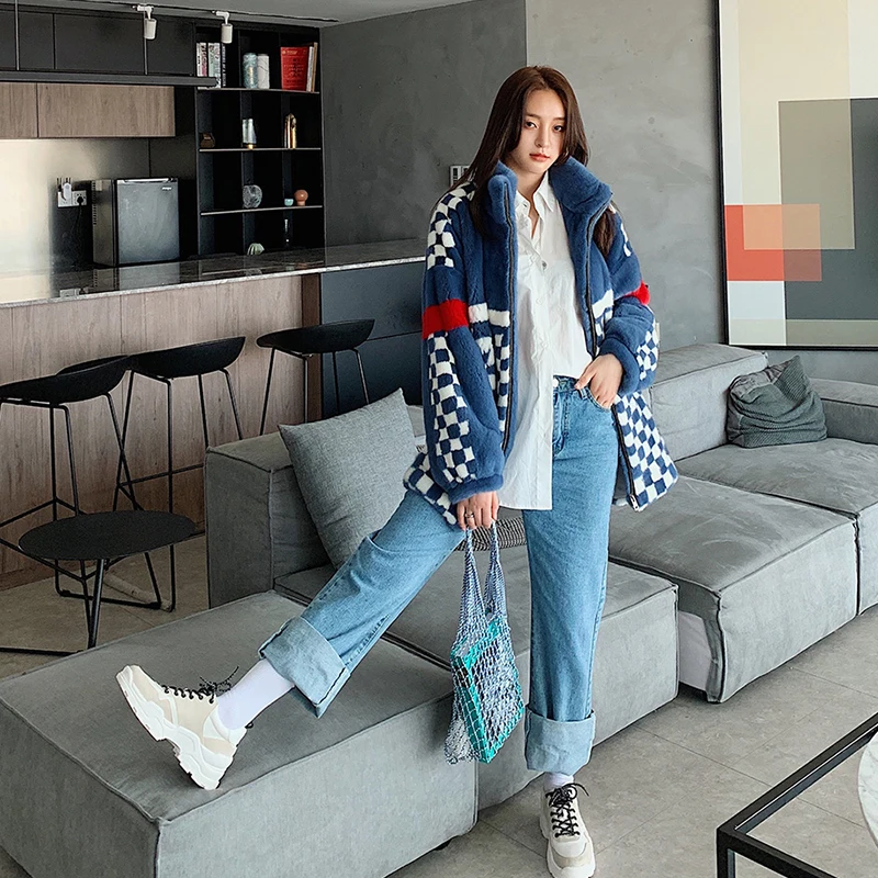 Ftangaiur 겨울 수입 벨벳 밍크 퍼 코트 만다린 칼라 체크 무늬 컬러풀 밍크 코트 여성용 중간 길이 리얼 밍크 퍼 코트