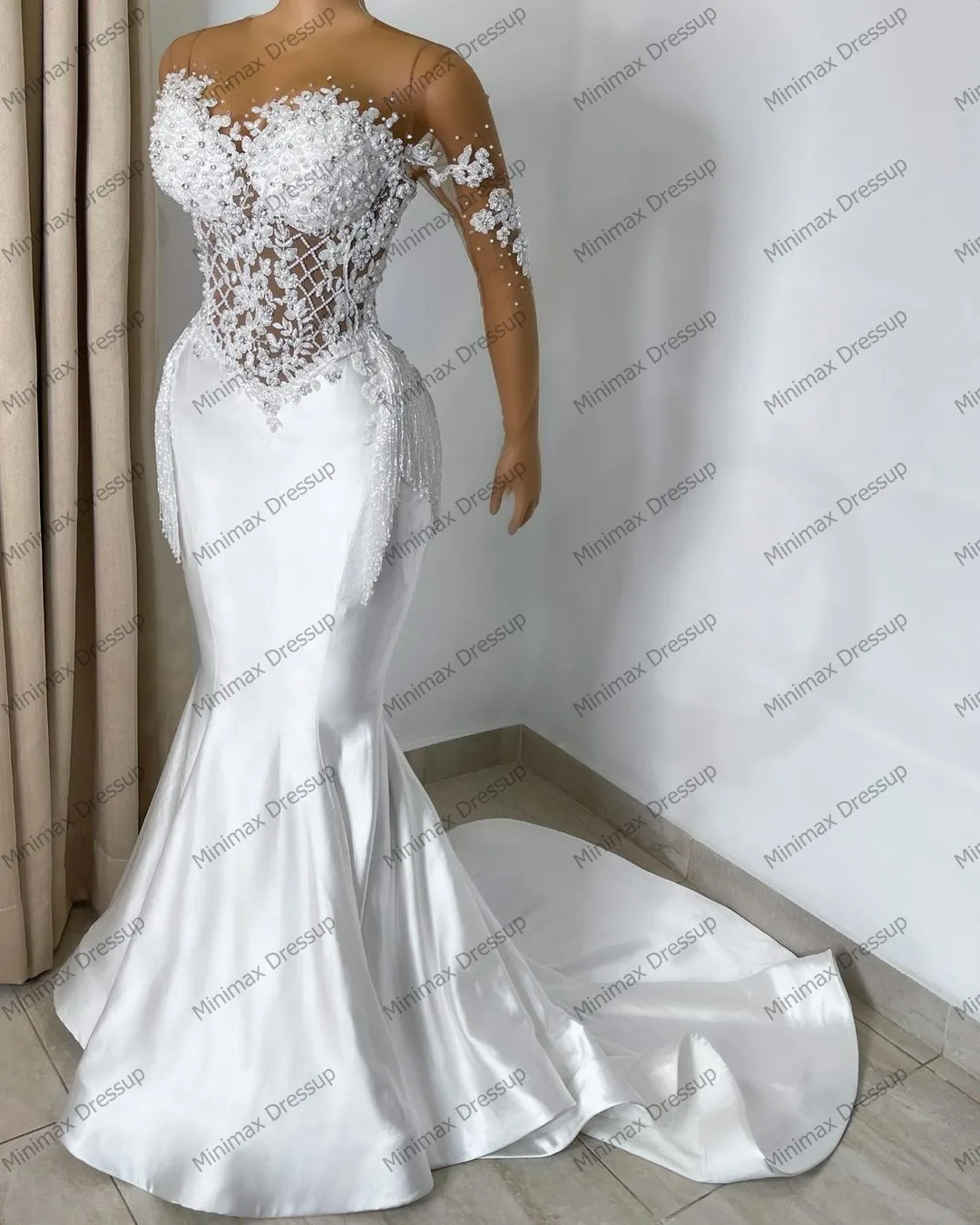 Real Image Beads Flowers Mermaid Wedding Dress Sexy See Thru Illusion Appliques Plus Size Africa Bridal Gowns Sparling Tassel