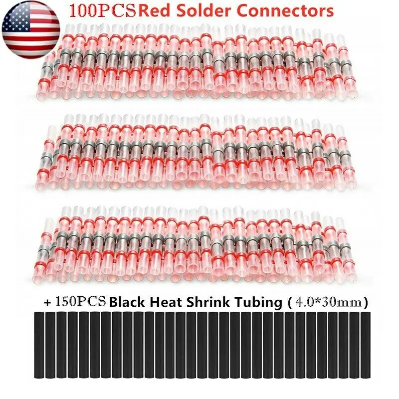 250PCS Waterproof Solder Seal Sleeve Splice Terminals Heat Shrink Electrical Wire Butt Connectors Shrinkable Tube Red Black Kit