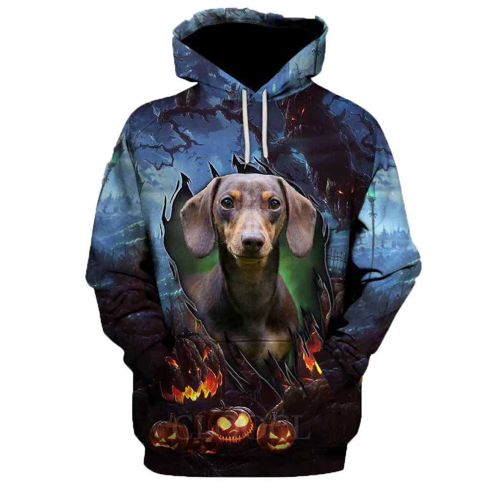 

HX Halloween Dachshund Hoodies 3D Graphic Tear The Night Hoodie Casual Men Clothing Animals Pets Pocket Pullovers Tops