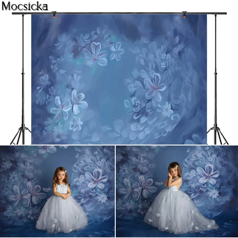 Mocsicka Flower Photography Background Hand Drawn Style Blue Backdrop Child Portrait Photo Decoration Props Studio Baby Shower