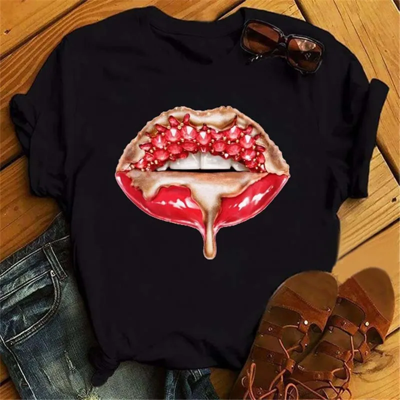 Fashion Lips Print Women T Shirt Casual Short Sleeve O Neck Loose Women Tshirt Ladies Tee Shirt Tops Clothes Camisetas Mujer