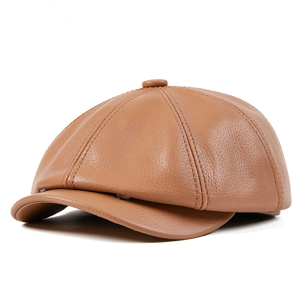 LA SPEZIA Genuine Leather Newsboy Cap Men High Quality Octagonal Hat Autumn Winter Beret Real Cowskin Flat Cap