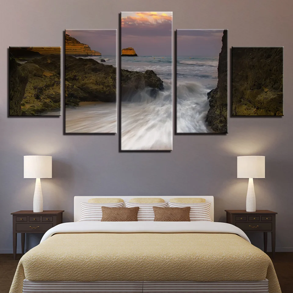 Canvas Painting Framework HD Prints 5 Pieces Mountain Sea Wave Torrent Rapids Seascape Paintings Wall Art Home Living Room Decor